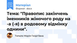 Тема: "Правопис закінчень іменників жіночого роду на -а (-я) в родовому відмінку однини".