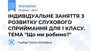 ІНДИВІДУАЛЬНЕ ЗАНЯТТЯ З  РОЗВИТКУ СЛУХОВОГО СПРИЙМАННЯ ДЛЯ 1 КЛАСУ. ТЕМА "Що ми робимо?"