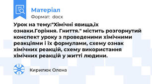 Урок на тему:"Хімічні явища,їх ознаки.Горіння. Гниття." містить розгорнутий конспект уроку з проведеними хімічними реакціями і їх формулами, схему ознак хімічних реакцій, схему використання хімічних реакцій у житті людини.