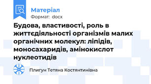 Будова, властивості, роль в життєдіяльності організмів малих органічних молекул: ліпідів, моноcахаридів, амінокислот  нуклеотидів