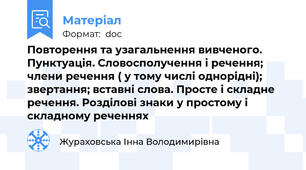Повторення та узагальнення вивченого. Пунктуація. Словосполучення і речення; члени речення ( у тому числі однорідні); звертання; вставні слова. Просте і складне речення. Розділові знаки у простому і складному реченнях