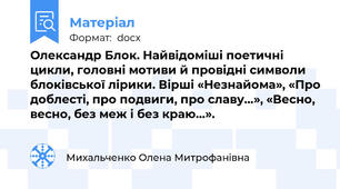Олександр Блок. Найвідоміші поетичні цикли, головні мотиви й провідні символи блоківської лірики. Вірші «Незнайома», «Про доблесті, про подвиги, про славу…», «Весно, весно, без меж і без краю…».
