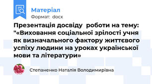 Презентація досвіду  роботи на тему: "«Виховання соціальної зрілості учня як визначального фактору життєвого успіху людини на уроках української мови та літератури»