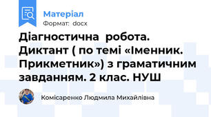 Діагностична  робота. Диктант ( по темі «Іменник. Прикметник») з граматичним завданням. 2 клас. НУШ