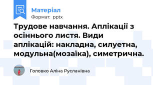 Трудове навчання. Аплікації з осіннього листя. Види аплікацій: накладна, силуетна, модульна(мозаїка), симетрична.
