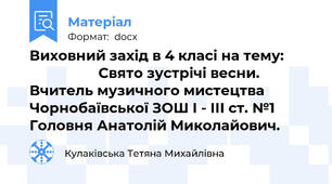Виховний захід в 4 класі на тему:                          Свято зустрічі весни. Вчитель музичного мистецтва Чорнобаївської ЗОШ І - ІІІ ст. №1 Головня Анатолій Миколайович.