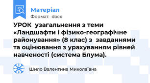 УРОК  узагальнення з теми «Ландшафти і фізико-географічне районування» (8 клас) з  завданнями та оцінювання з урахуванням рівней навченості (система Блума).