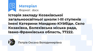 Історія закладу Козаківської загальноосвітньої школи I-III ступенів імені Катерини Мандрик-КУйбіди. Село Козаківка, Болехівська міська рада, Івано-Франківська область, 77222.