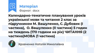 Календарно-тематичне планування уроків української мови та читання 2 клас за підручником М. Вашуленко, С. Дубовик (І частина),  О. Вашуленко (ІІ частина) 5 годин на тиждень (170 години на рік) ЧИТАННЯ (2 частина)МОВА (1 частина)