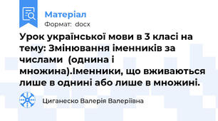 Урок української мови в 3 класі на тему: Змінювання іменників за числами  (однина і множина).Іменники, що вживаються лише в однині або лише в множині.