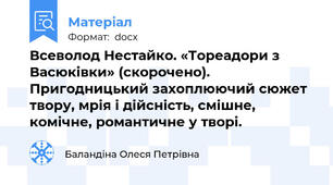Всеволод Нестайко. «Тореадори з Васюківки» (скорочено). Пригодницький захоплюючий сюжет твору, мрія і дійсність, смішне, комічне, романтичне у творі.