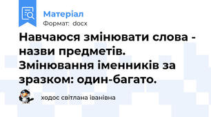 Навчаюся змінювати слова - назви предметів. Змінювання іменників за зразком: один-багато.