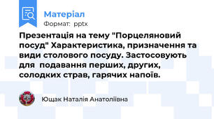 Презентація на тему "Порцеляновий посуд" Характеристика, призначення та види столового посуду. Застосовують для  подавання перших, других, солодких страв, гарячих напоїв.
