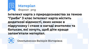 Інтелект карта з природознавства за темою "Гриби" 3 клас Інтелект карта містить додаткові відомості, яких немає в підручнику і стане в нагоді вчителям та батькам, які хочуть, щоб діти краще запам'ятали матеріал.