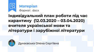 Індивідуальний план роботи під час карантину  (12.03.2020 – 03.04.2020)  вчителя української мови та літератури і зарубіжної літератури