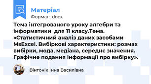 Тема інтегрованого уроку алгебри та інформатики  для 11 класу.Тема. «Статистичний аналіз даних засобами MsExcel. Вибіркові характеристики: розмах вибірки, мода, медіана, середнє значення. Графічне подання інформації про вибірку».