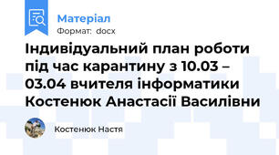 Індивідуальний план роботи під час карантину з 10.03 – 03.04 вчителя інформатики  Костенюк Анастасії Василівни