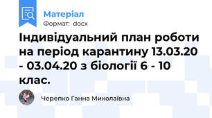 Індивідуальний план роботи на період карантину 13.03.20 - 03.04.20 з біології 6 - 10  клас.