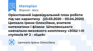 Орієнтовний індивідуальний план роботи під час карантину   (23.03.2020 – 03.04.2020) Цяпкало Ірини Олексіївни, вчителя математики і фізики  Шполянського навчально-виховного комплексу «ЗОШ І-ІІІ ступенів № 2 - ліцей»