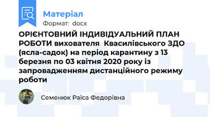 ОРІЄНТОВНИЙ ІНДИВІДУАЛЬНИЙ ПЛАН РОБОТИ вихователя  Квасилівського ЗДО (ясла-садок) на період карантину з 13 березня по 03 квітня 2020 року із запровадженням дистанційного режиму роботи