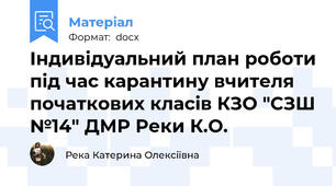 Індивідуальний план роботи під час карантину вчителя початкових класів КЗО "СЗШ №14" ДМР Реки К.О.