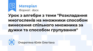 Урок з алгебри з теми "Розкладання многосленів на множники способом винесення спільного множника за дужки та способом групування"