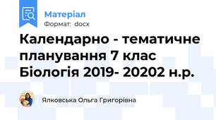 Календарно - тематичне планування 7 клас  Біологія 2019- 20202 н.р.