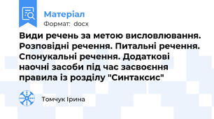 Види речень за метою висловлювання. Розповідні речення. Питальні речення. Спонукальні речення. Додаткові наочні засоби під час засвоєння правила із розділу "Синтаксис"