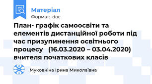 План- графік самоосвіти та елементів дистанційної роботи під час призупинення освітнього процесу   (16.03.2020 – 03.04.2020) вчителя початкових класів