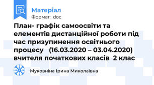 План- графік самоосвіти та елементів дистанційної роботи під час призупинення освітнього процесу   (16.03.2020 – 03.04.2020) вчителя початкових класів  2 клас