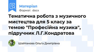 Тематична робота з музичного мистецтва для 5 класу за темою "Професійна музика", підручник Л.Г.Кондратова