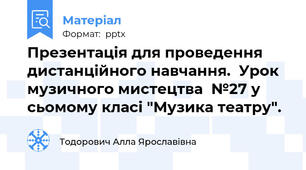 Презентація для проведення дистанційного навчання.  Урок музичного мистецтва  №27 у сьомому класі "Музика театру".