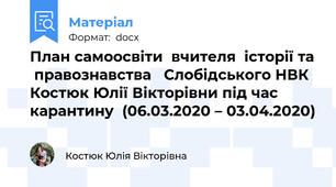 План самоосвіти  вчителя  історії та  правознавства   Слобідського НВК Костюк Юлії Вікторівни під час карантину  (06.03.2020 – 03.04.2020)