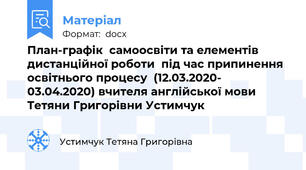 План-графік  самоосвіти та елементів дистанційної роботи  під час припинення освітнього процесу  (12.03.2020- 03.04.2020) вчителя англійської мови Тетяни Григорівни Устимчук