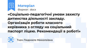 «Соціально-педагогічні умови захисту дитинства діяльності закладу. Організація роботи класного керівника з огляду на соціальний паспорт ліцею. Рекомендації в роботі»