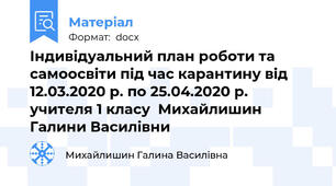 Індивідуальний план роботи та  самоосвіти під час карантину від 12.03.2020 р. по 25.04.2020 р.  учителя 1 класу  Михайлишин Галини Василівни