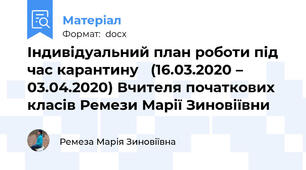 Індивідуальний план роботи під час карантину   (16.03.2020 – 03.04.2020) Вчителя початкових класів Ремези Марії Зиновіївни