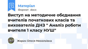 Виступ на методичне обєднання  вчителів початкових класів та вихователів ДНЗ " Аналіз роботи вчителя 1 класу НУШ"