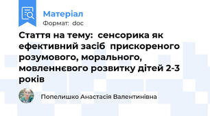 Стаття на тему:  сенсорика як ефективний засіб  прискореного розумового, морального,  мовленнєвого розвитку дітей 2-3 років