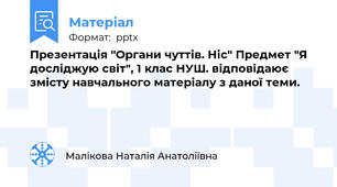 Презентація "Органи чуттів. Ніс" Предмет "Я досліджую світ", 1 клас НУШ. відповідаює змісту навчального матеріалу з даної теми.