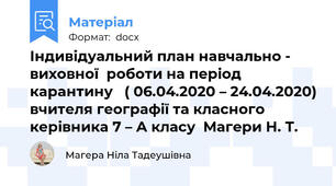 Індивідуальний план навчально - виховної  роботи на період  карантину   ( 06.04.2020 – 24.04.2020) вчителя географії та класного керівника 7 – А класу  Магери Н. Т.