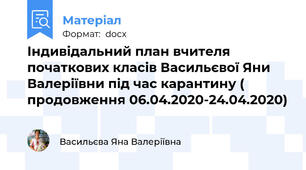 Індивідальний план вчителя початкових класів Васильєвої Яни Валеріївни під час карантину ( продовження 06.04.2020-24.04.2020)