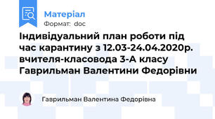Індивідуальний план роботи під час карантину з 12.03-24.04.2020р. вчителя-класовода 3-А класу Гаврильман Валентини Федорівни