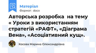 Авторська розробка  на тему « Уроки з використанням стратегій «РАФТ», «Діаграма Вена», «Асоціативний кущ».