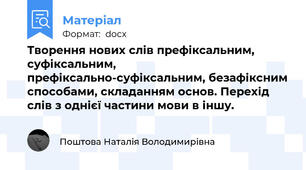 Творення нових слів префіксальним, суфіксальним, префіксально-суфіксальним, безафіксним способами, складанням основ. Перехід слів з однієї частини мови в іншу.