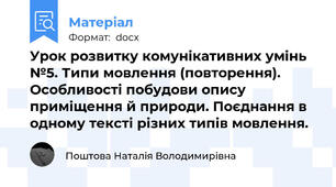 Урок розвитку комунікативних умінь №5. Типи мовлення (повторення). Особливості побудови опису приміщення й природи. Поєднання в одному тексті різних типів мовлення.