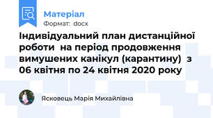 Індивідуальний план дистанційної роботи  на період продовження вимушених канікул (карантину)  з 06 квітня по 24 квітня 2020 року