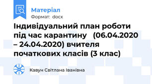 Індивідуальний план роботи під час карантину   (06.04.2020 – 24.04.2020) вчителя початкових класів (3 клас)