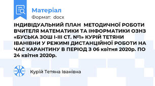 ІНДИВІДУАЛЬНИЙ ПЛАН  МЕТОДИЧНОЇ РОБОТИ ВЧИТЕЛЯ МАТЕМАТИКИ ТА ІНФОРМАТИКИ ОЗНЗ «БУСЬКА ЗОШ І-ІІІ СТ. №1» КУРІЙ ТЕТЯНИ ІВАНІВНИ У РЕЖИМІ ДИСТАНЦІЙНОЇ РОБОТИ НА ЧАС КАРАНТИНУ В ПЕРІОД З 06 квітня 2020р. ПО 24 квітня 2020р.