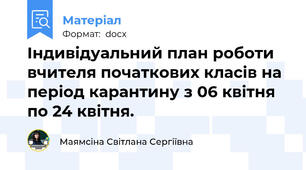 Індивідуальний план роботи вчителя початкових класів на період карантину з 06 квітня по 24 квітня.